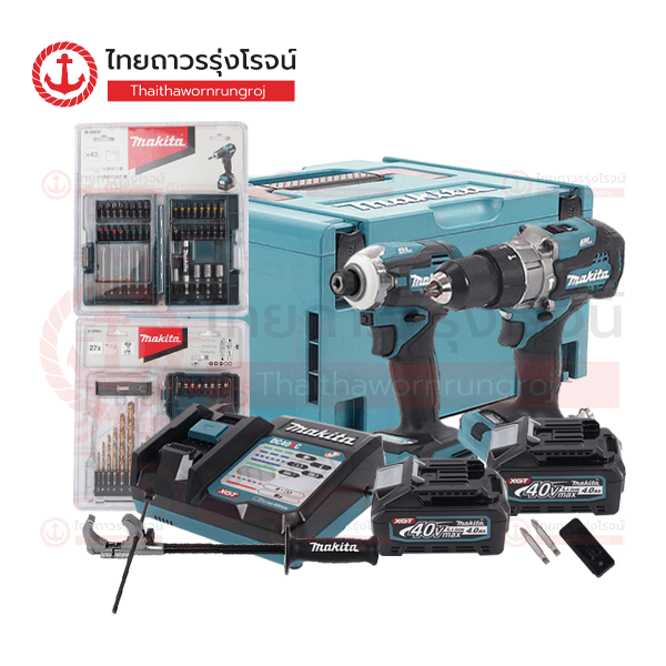 MAKITA COMBOx40v ชุดที่1 HP001G+TD001G+TYPE3+แบต4.0ah 2ก้อน+แท่นชาร์จ DC40RA 1ชิ้น แถมชุดดอกไขควง 43ชิ้น+ชุดดอกสว่าน 27ชิ้น (ครบชุด)