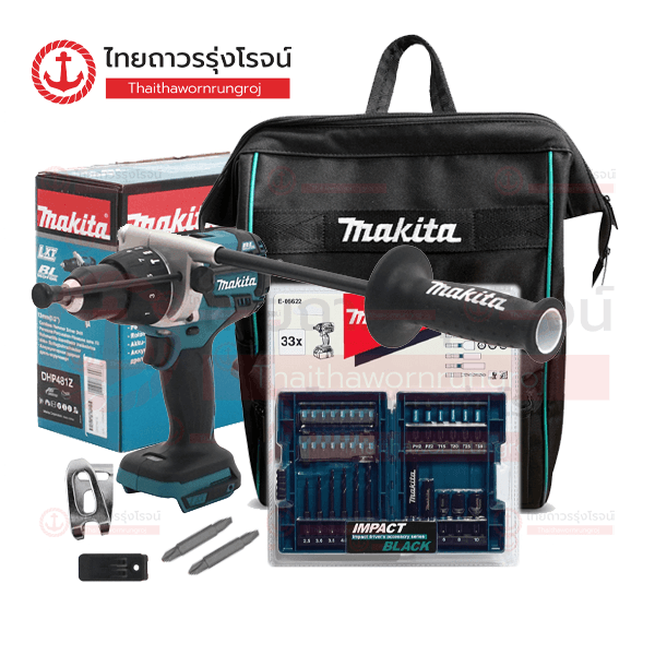 (D.) MAKITA สว่านกระแทกไร้สาย 13mm 18v 98/54nm 2สปีด BLM DHP481 (เครื่องเปล่า)* + ชุดดอกไขควง IMPACT BLACK E-06622 1ชุด + กระเป๋าเป้สะพาย 1ใบ