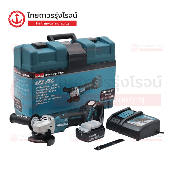 MAKITA เครื่องเจียร์ไร้สาย 4นิ้ว(100mm) 18v สวิตช์บีบล่าง สปีดเดียว BLM AFT ADT XPT C1xB2x3.0ah DC18RC DGA405RFE (ครบชุด+กล่องพลาสติก)*