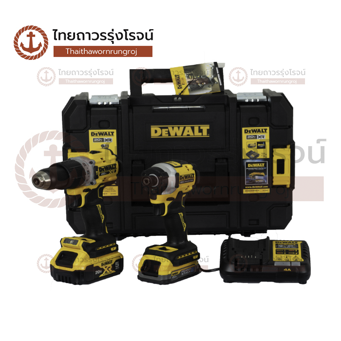 DEWALT COMBO 20v ชุดสว่าน+ไขควงอิมแพค 20v DCD805N+DCF850N สีเหลือง BRUSHLESS C1xB2x1.7ah+5.0ah DCBP034+DCB184 DCK2050P1E1T-B1 (ครบชุด+กล่องพลาสติก)*